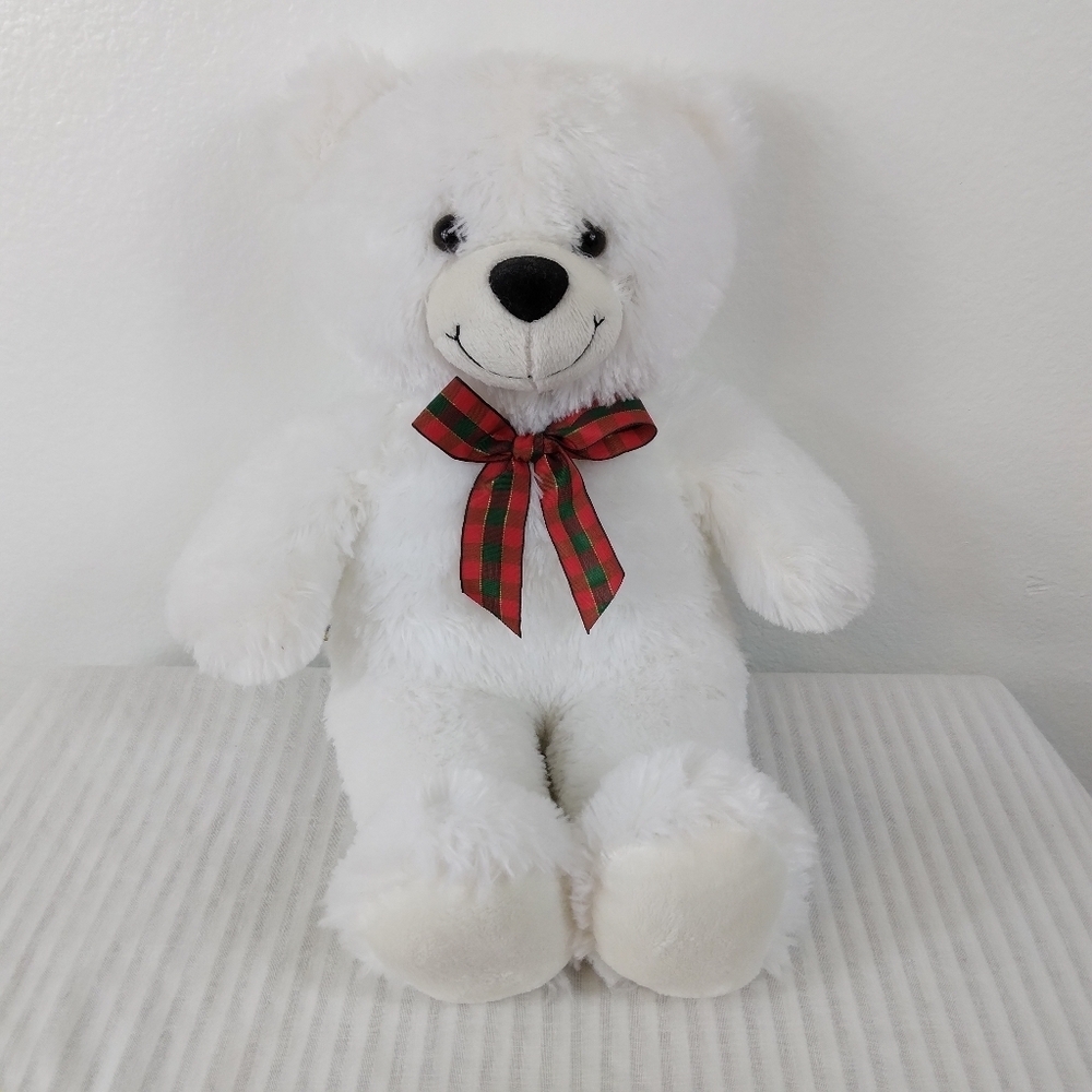 Build A Bear BABW Berry Merry Teddy White Plush Bear With Red Plaid Bow Tie 16"